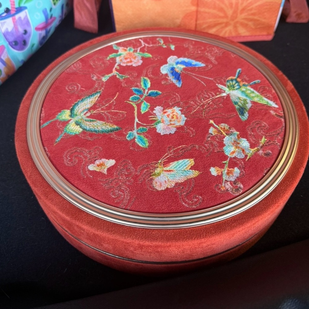 Vintage Chinese Mooncake Box Suede Embroidered Butterfly Floral Traditional